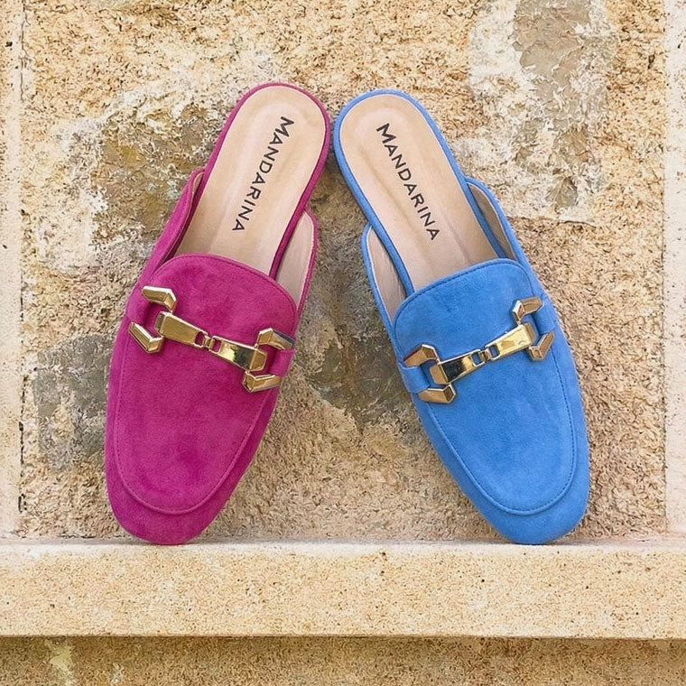 suede slip on mules in pink and blue
