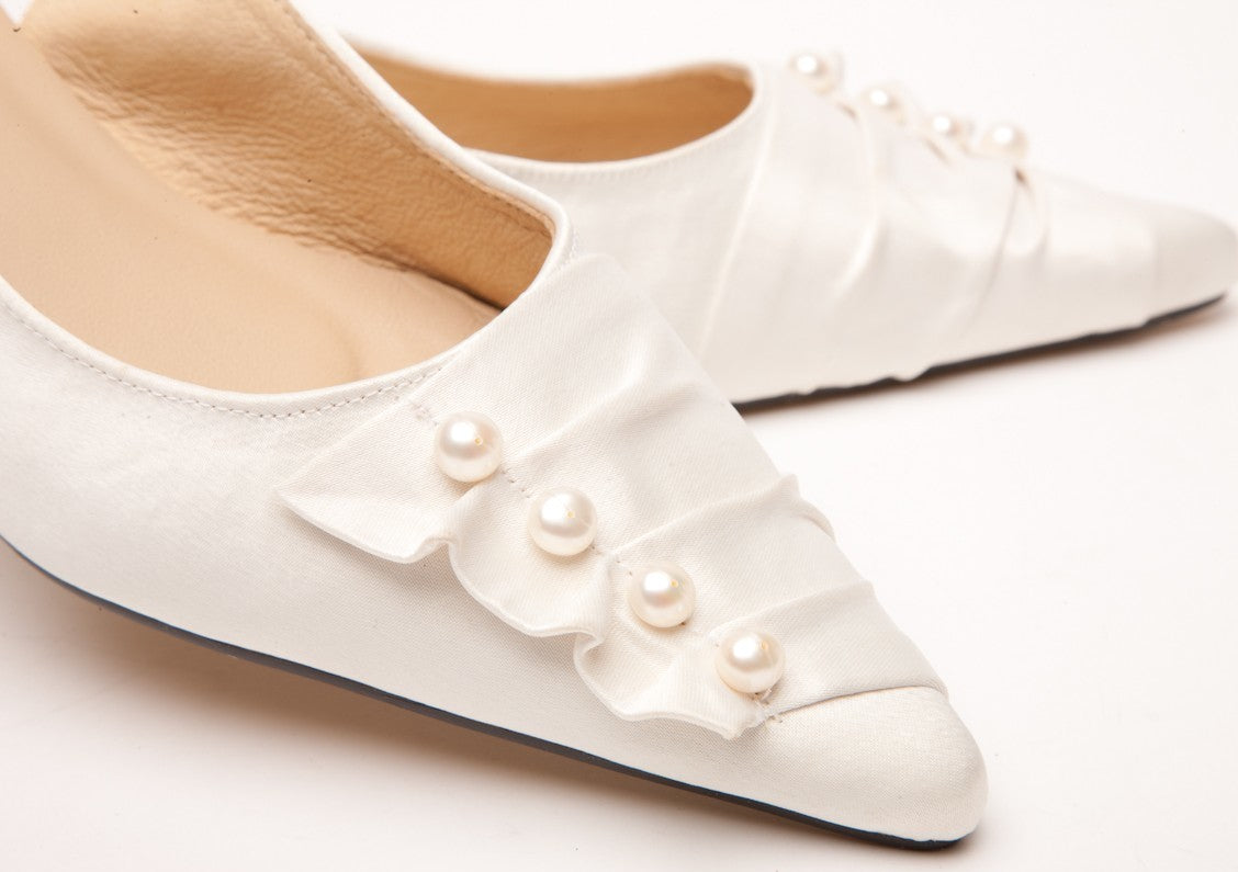 Pearl & Satin Trim Kitten Heel Wedding Shoes