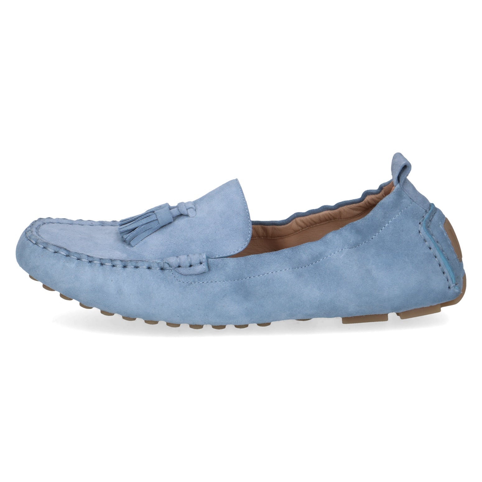 Light blue suede loafer shoe on a white background
