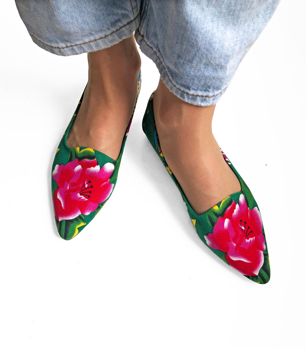 Green Peony Pattern Loafers