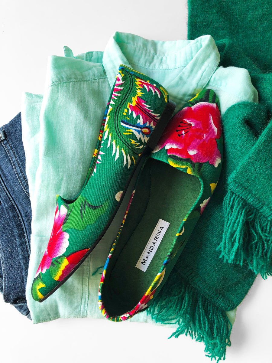 Green Peony Pattern Loafers