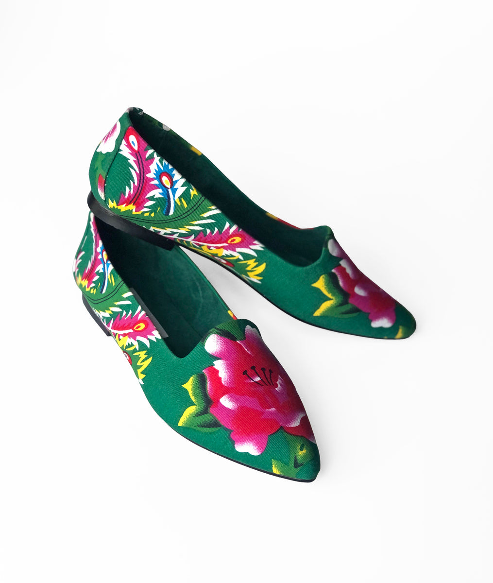 Green Peony Pattern Loafers