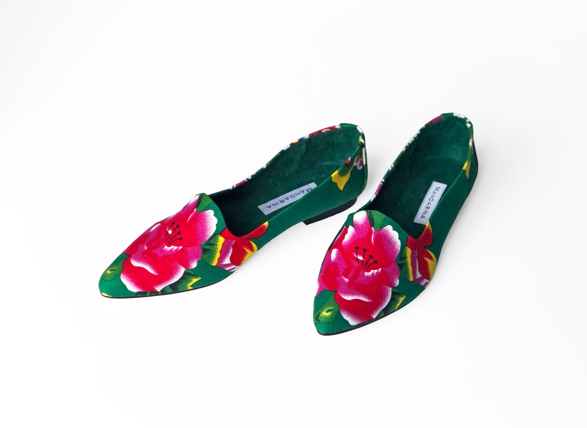 Green Peony Pattern Loafers
