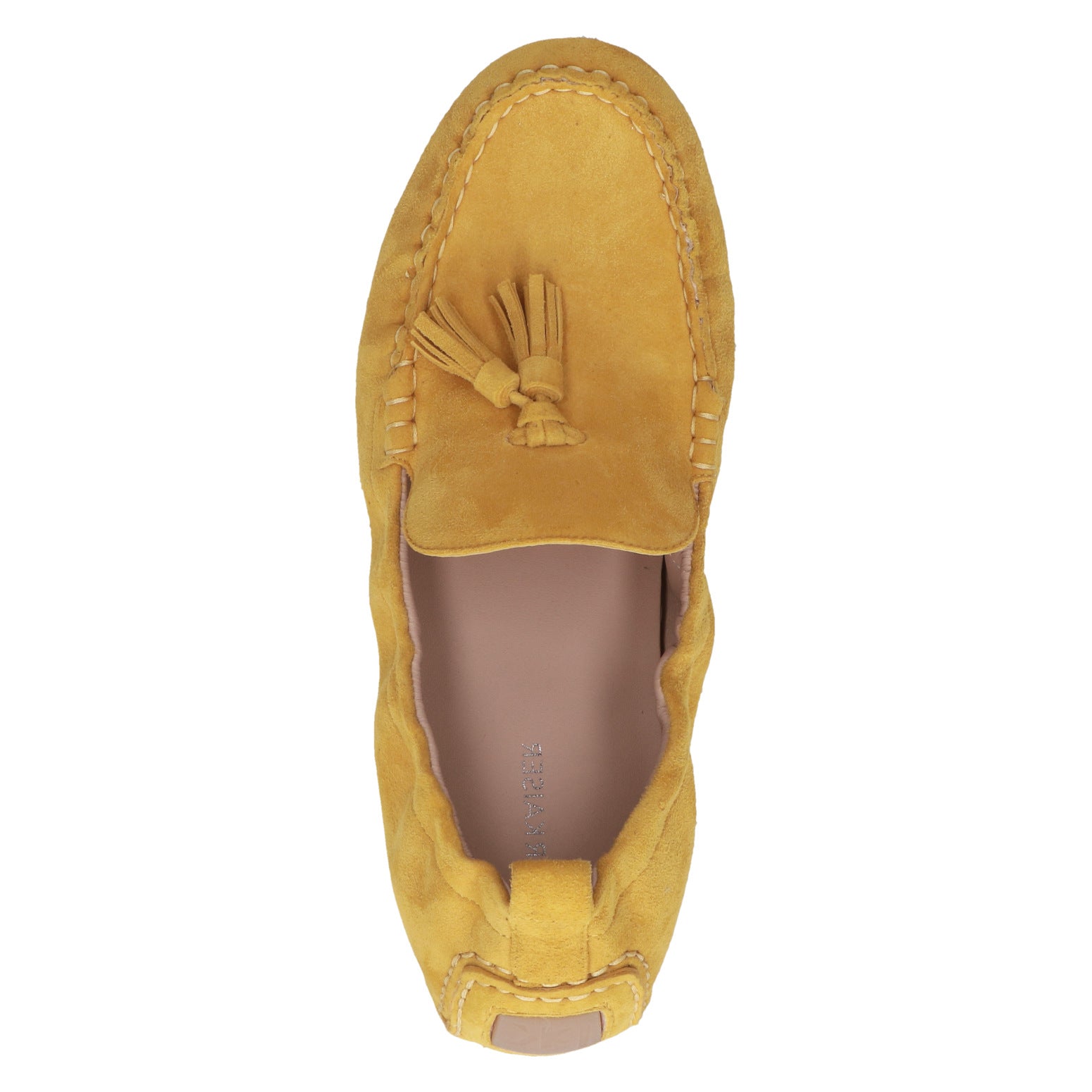 Yellow loafer shoe with tassel on a white background