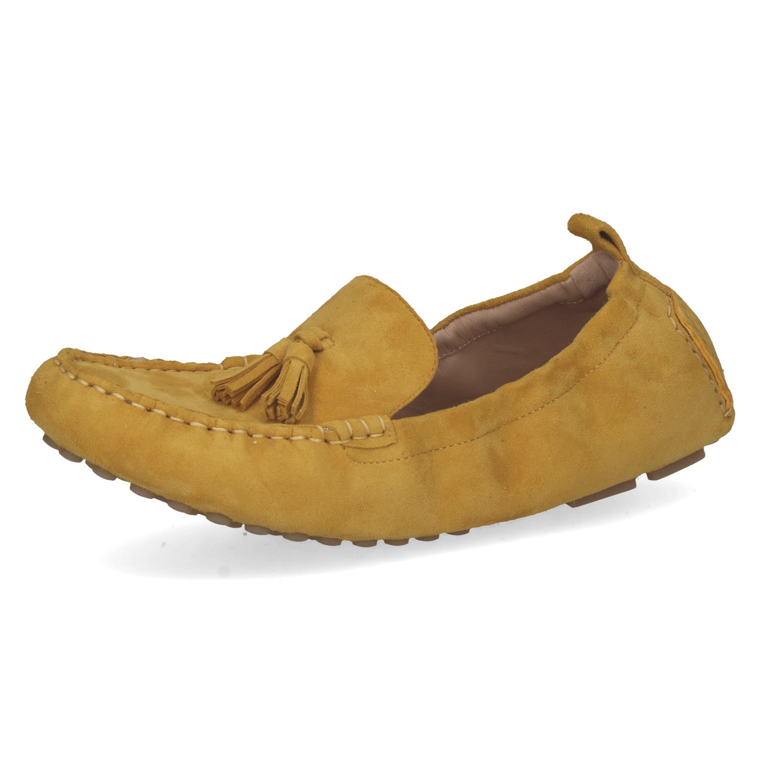 Yellow loafer shoe with a tassel on a white background
