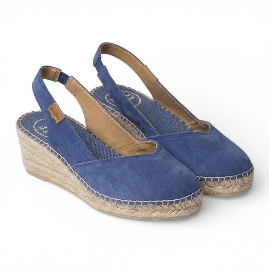 Blue wedge espadrille sandals with jute sole on a white background