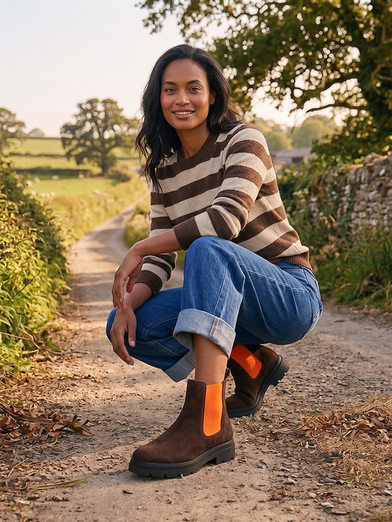 Brown Chelsea Boots with orange flashes