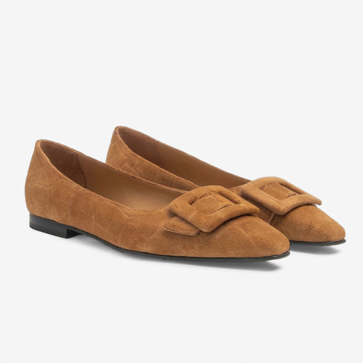 Caramel Suede Buckle Flats