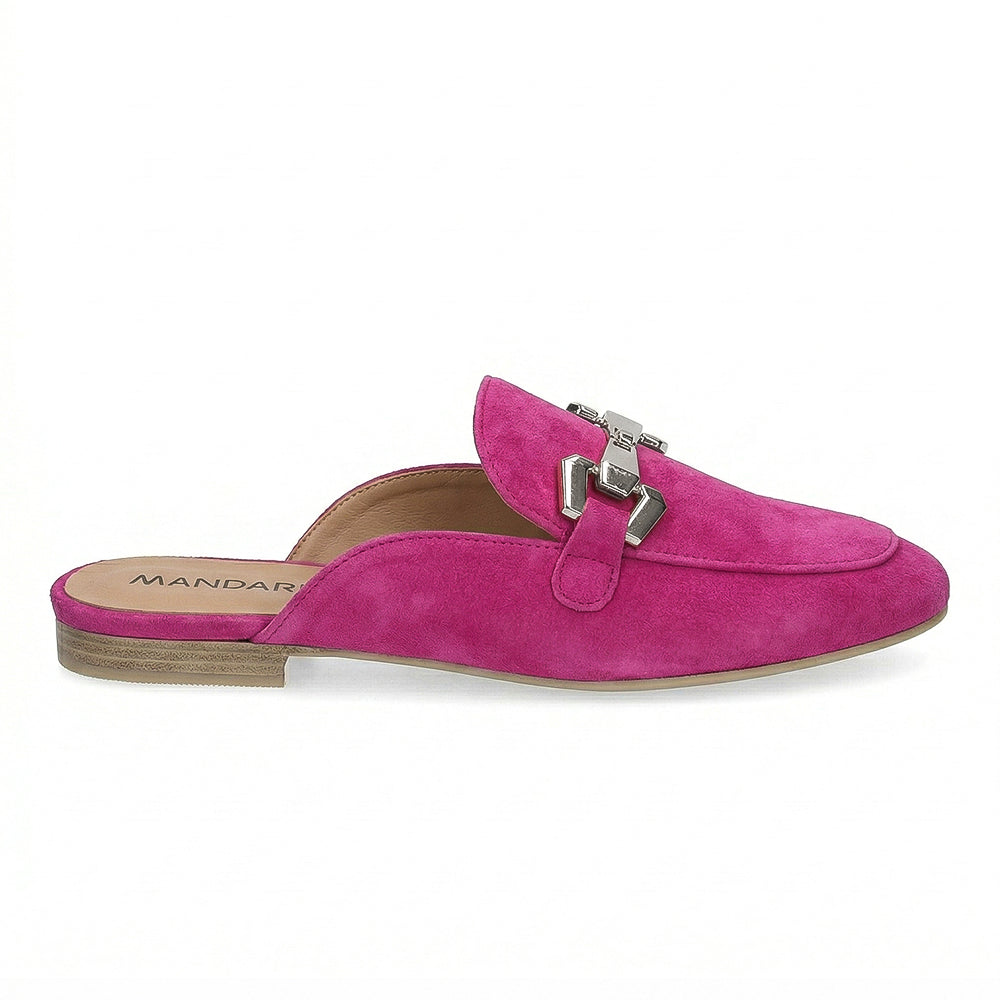 Hot Pink Suede Mules - Loafer Style With Buckle | Mandarina Shoes