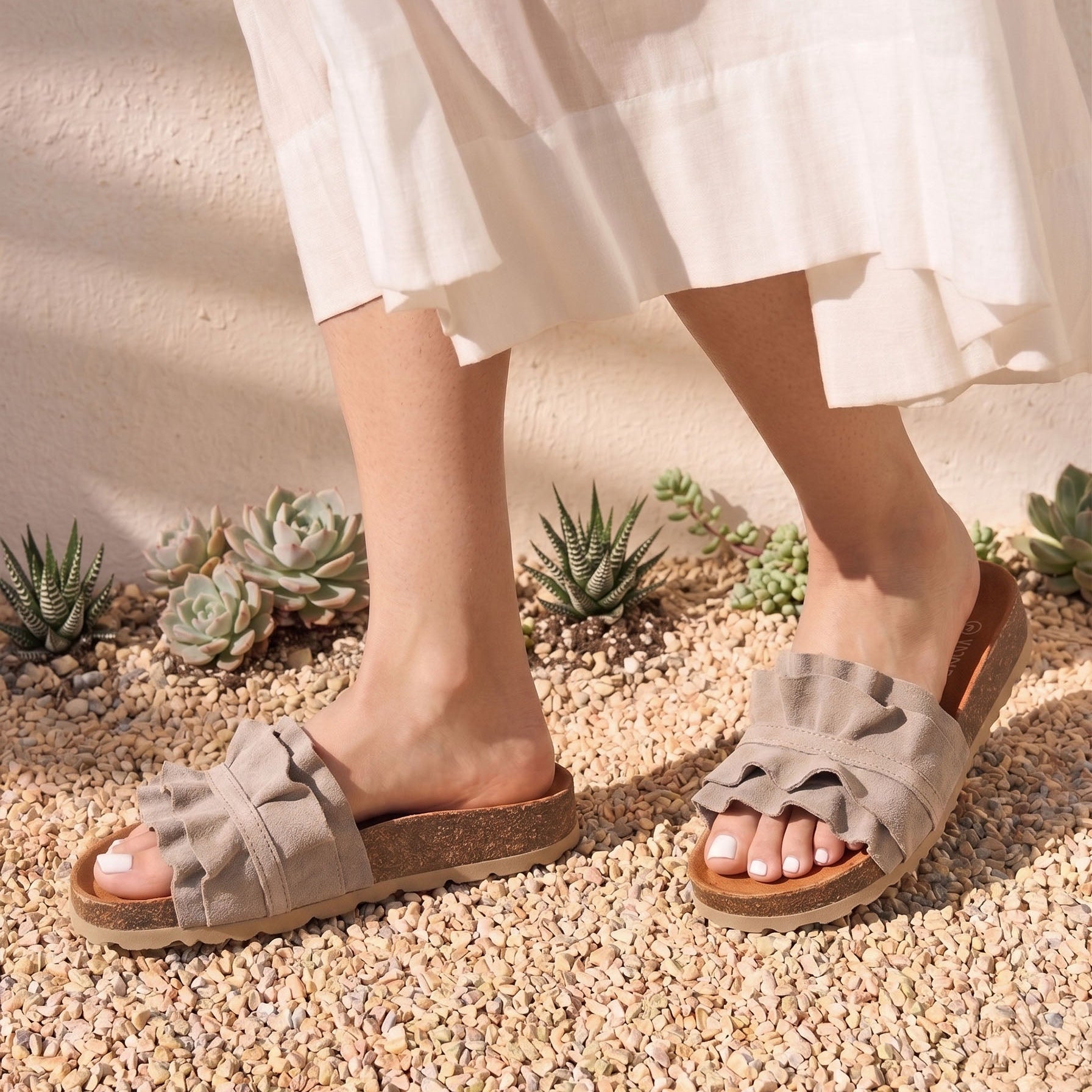 Coastal Breeze Ruffle Slider Sandals / Stone
