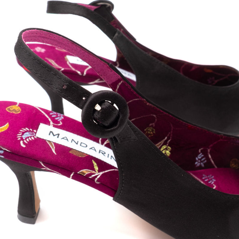 Belle Black Satin Slingbacks