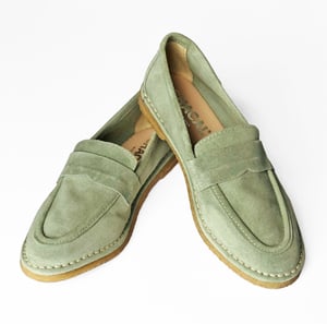 green suede loafers