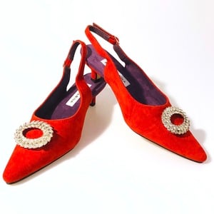 red suede kitten heel slingback shoes