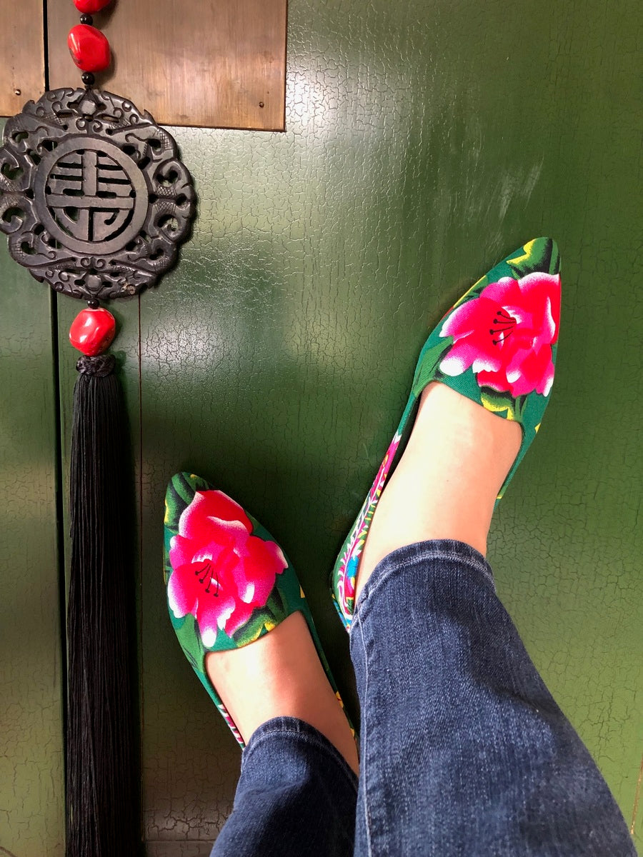 Green Peony Pattern Loafers
