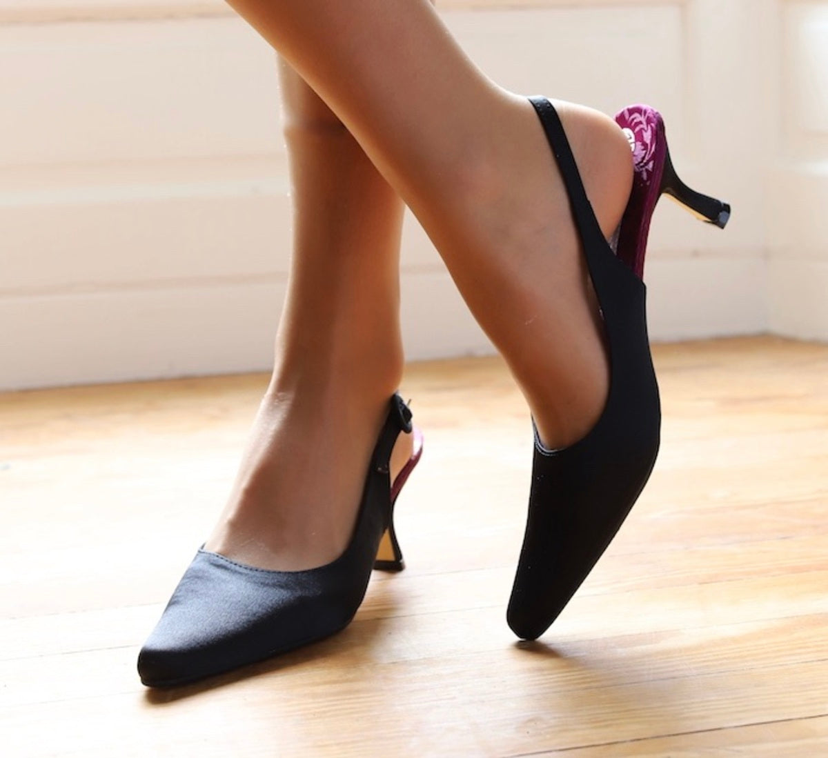 Belle Black Satin Slingbacks