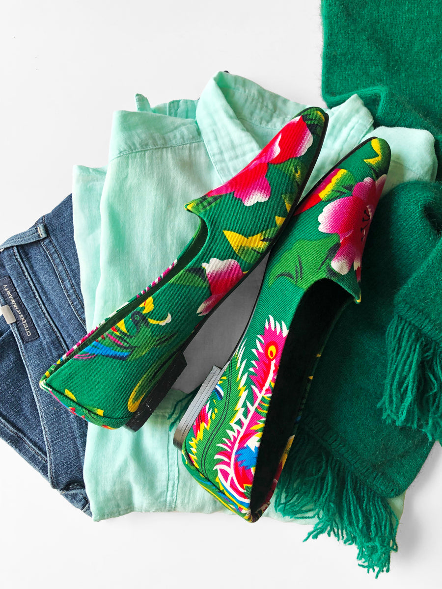 Green Peony Pattern Loafers