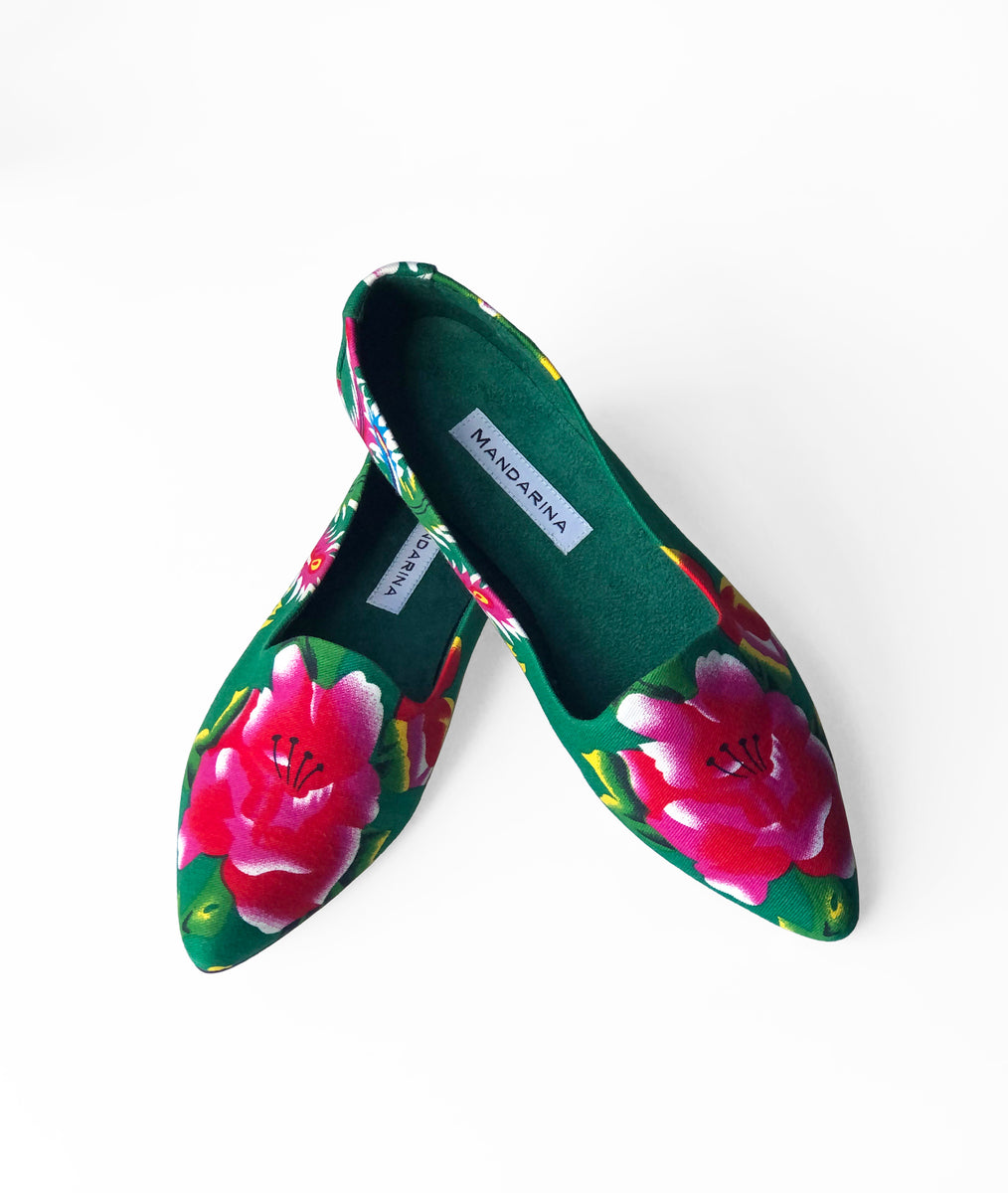 Green Peony Pattern Loafers