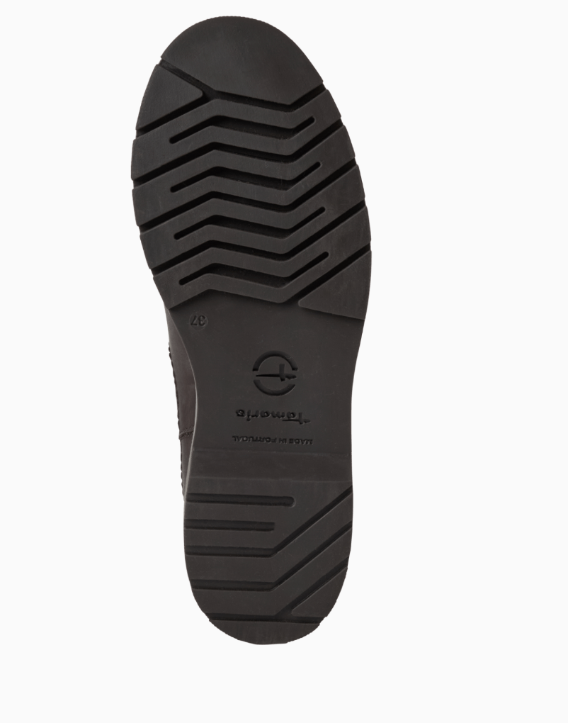 Black shoe sole with tread pattern on a white background