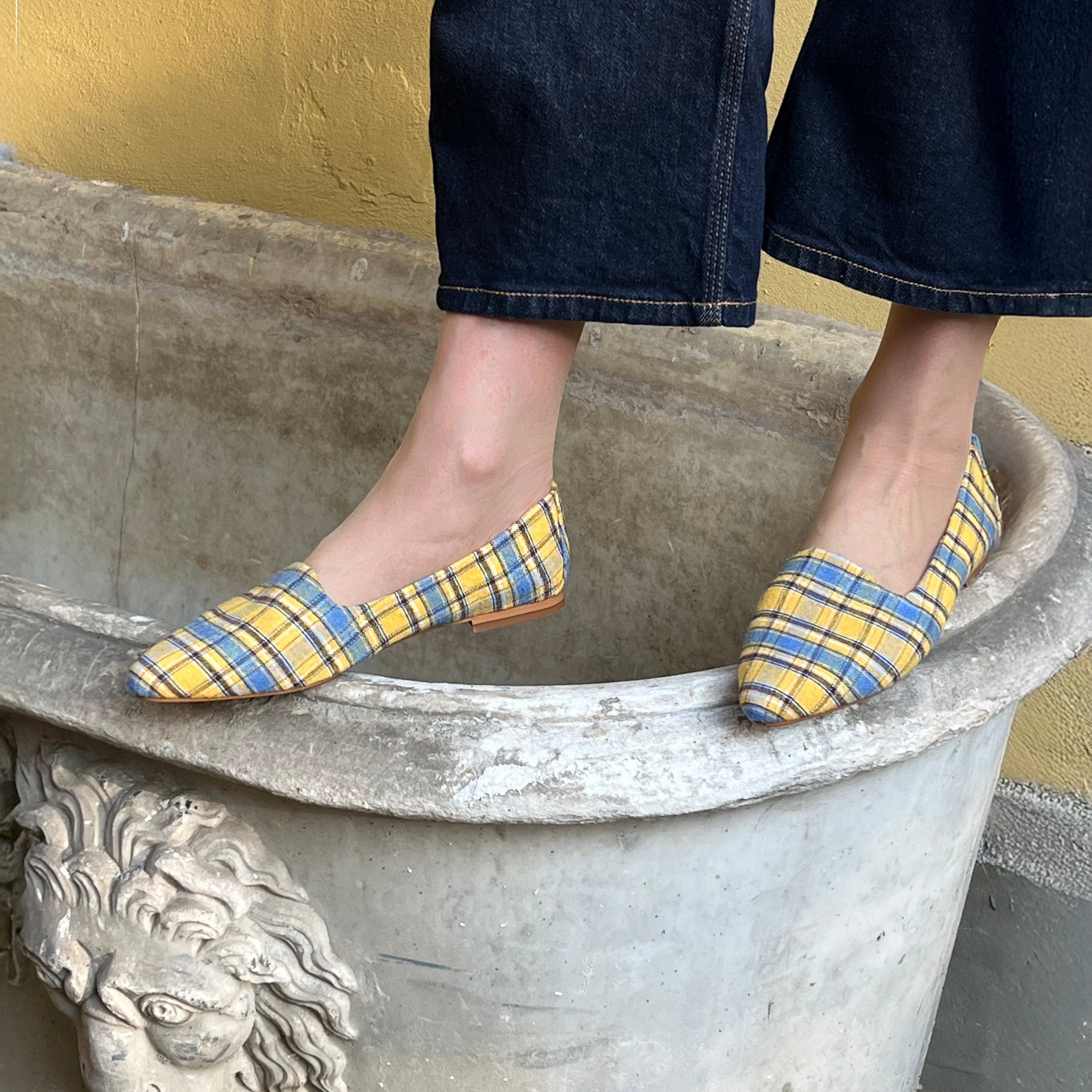 yellow and blue tartan check flat shoes