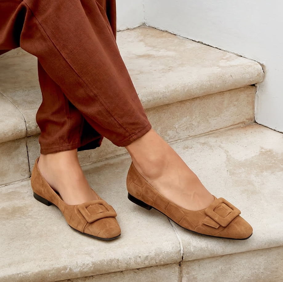 Caramel Suede Buckle Flats