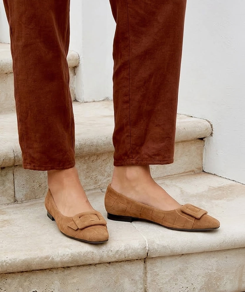 Caramel Suede Buckle Flats