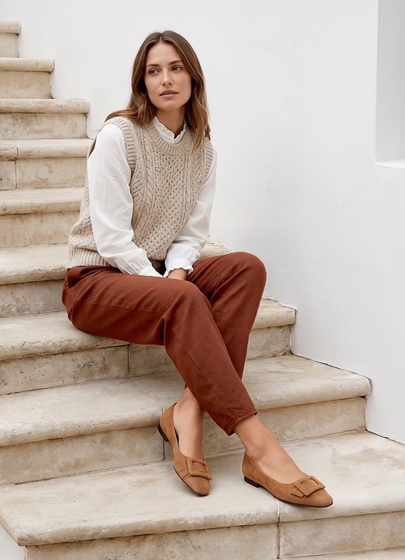 Caramel Suede Buckle Flats