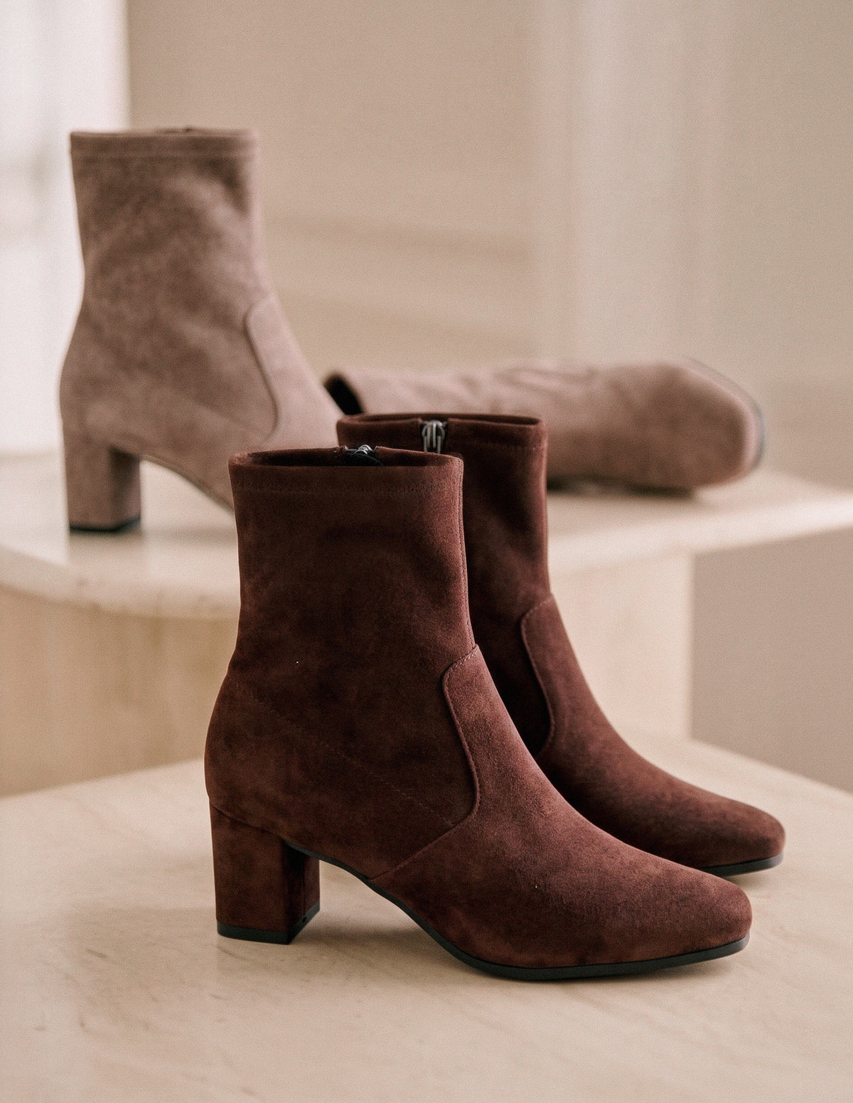Klara Stretch Suede Ankle Boots / Chocolate