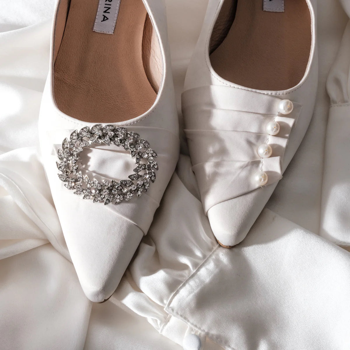 Pearl & Satin Trim Kitten Heel Wedding Shoes