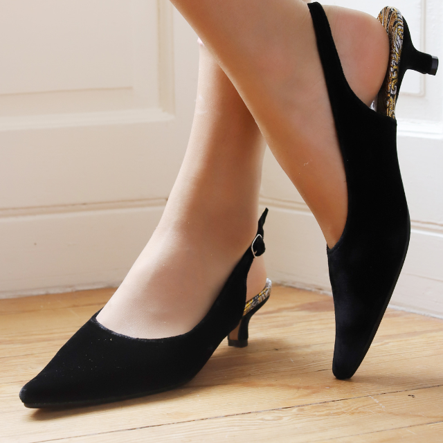 Black Velvet Kitten Heel Shoes | Mandarina Shoes | Designer Slingbacks