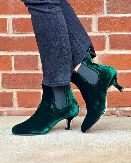 green velvet kitten heel ankle boots