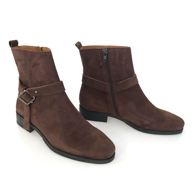dark brown suede ankle boots with strap