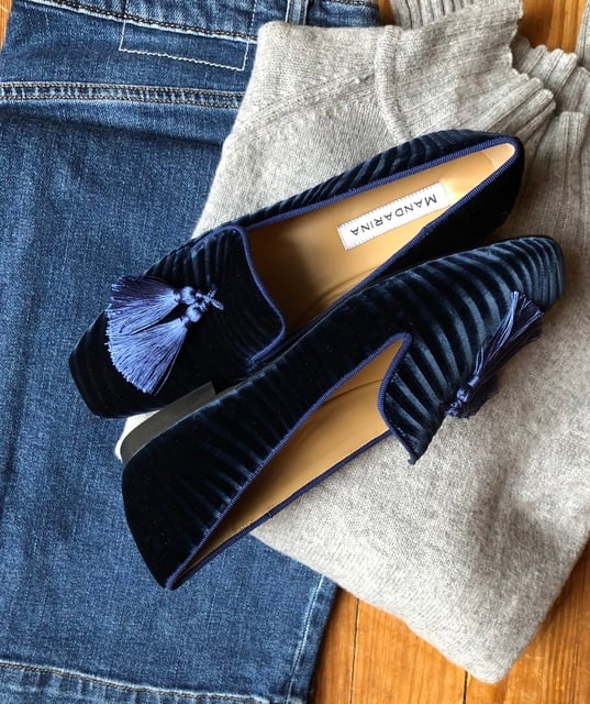 blue velvet tassel trim loafers