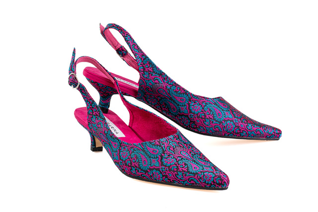 pink and blue satin slingback shoes