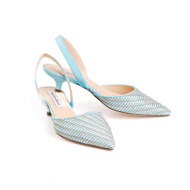 blue and white raffia weave kitten heels