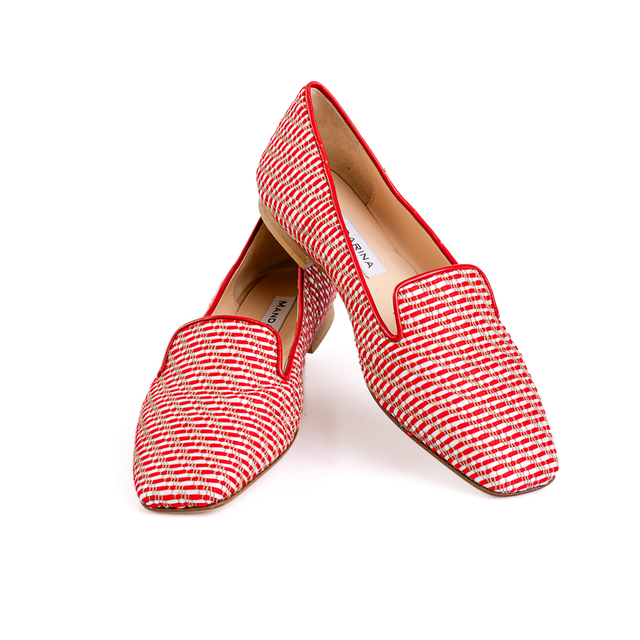 red and white basket weave shoes