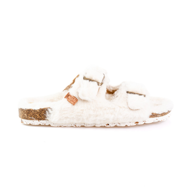 white faux fur buckled cork sole slider shoes Thumbnail