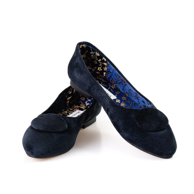 navy suede flat shoes with button Thumbnail