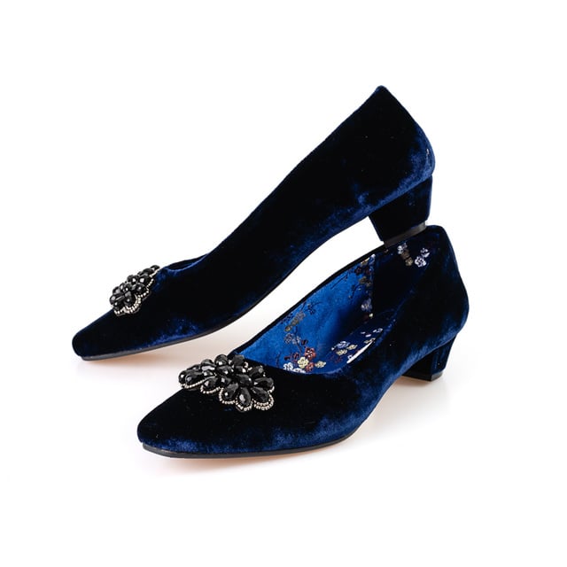 navy blue velvet court shoes with sparkly buckle Thumbnail