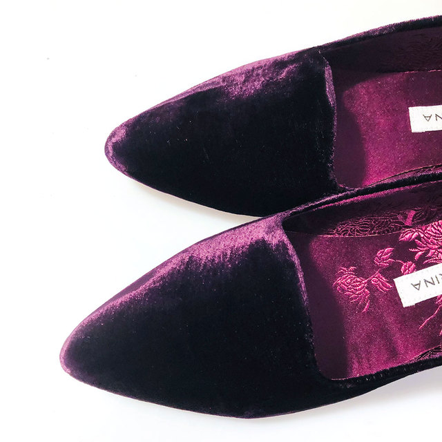 Purple velvet loafers