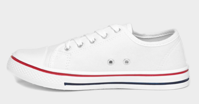 white canvas sneakers with red and navy trim Thumbnail