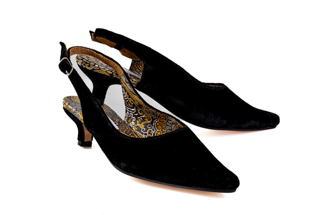 black velvet slingback kitten heel shoes Thumbnail