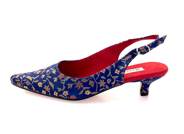blue and gold brocade kitten heel party shoes Thumbnail