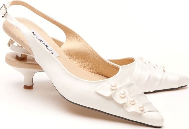 Handmade Pearl Satin Wedding Slingbacks Bridal Shoes by