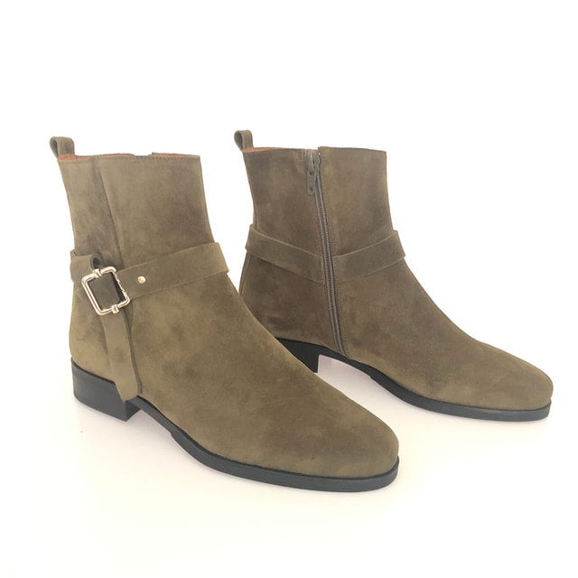 Khaki green suede flat ankle boots Thumbnail