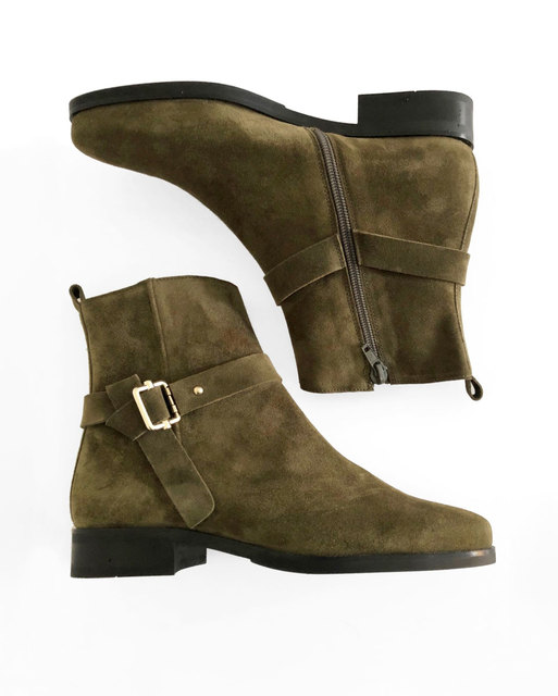 Khaki suede flat ankle boots with strap