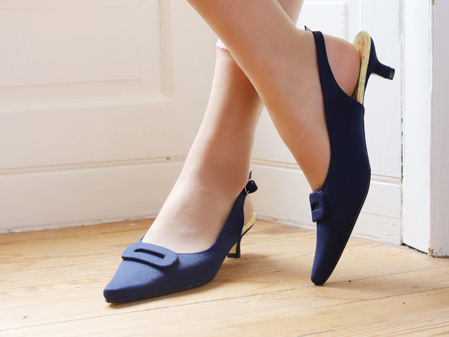 navy blue kitten heel slingback shoes Thumbnail