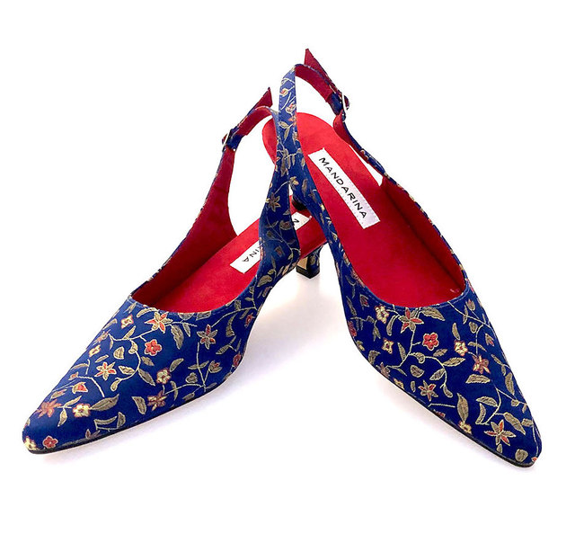 blue and gold kitten heel slingback shoes