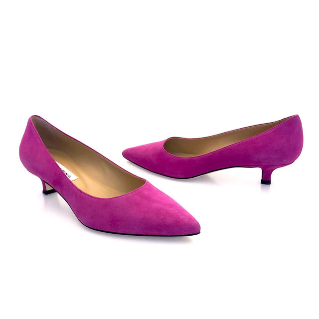 fuchsia pink suede low heeled court shoes Thumbnail