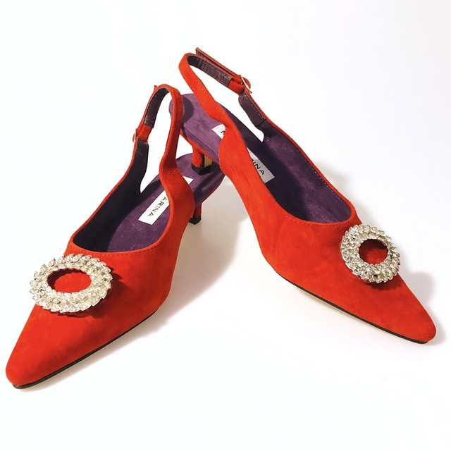red suede slingback shoes with diamanté buckle