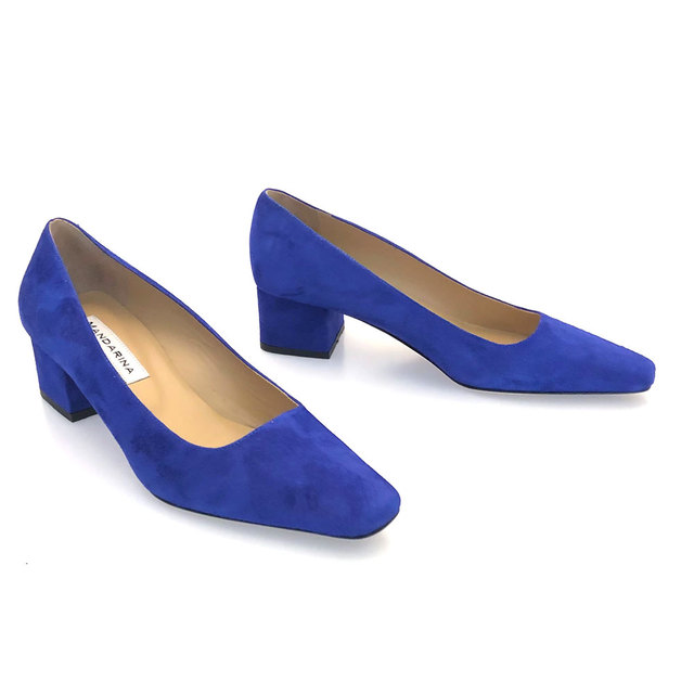Royal Blue Heels Suede Pointy Toe Tie up Trendy Chunky Heel Pumps|FSJshoes